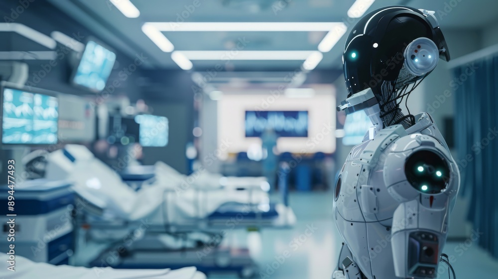 A medical robot stands in a sterile hospital hallway, a patient bed in the background, with medical equipment visible. A medical robot stands in a sterile hospital hallway, a patient bed in the background, with medical equipment visible.