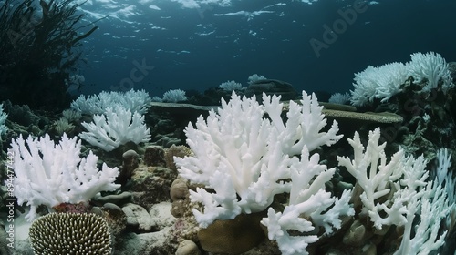 A coral reef bleaching with dull, lifeless corals, symbolizing the devastating effects of rising ocean temperatures on marine ecosystems.