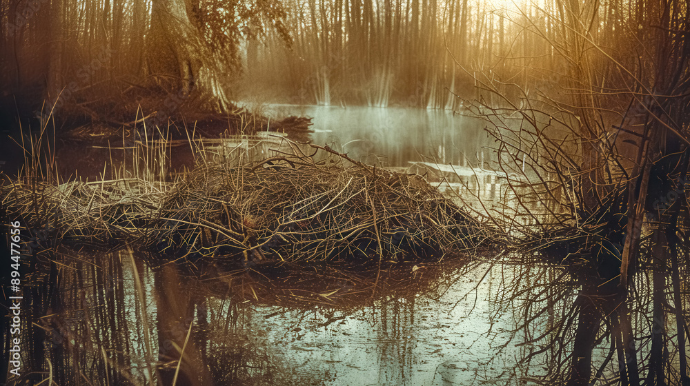 Fototapeta premium Large beaver dam dominating a serene river at sunset