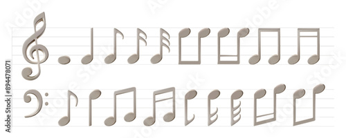 Music sheet, note elements for melody recording. Treble bass clef metal decoration for music festival poster. Glossy 3d cartoon render for book cover, live karaoke score, acoustic rock jazz fine tune.