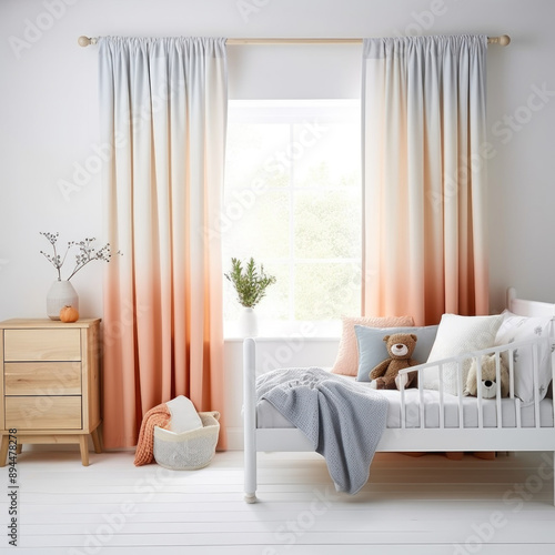 Heavy fabric curtains in modern bedroom, white walls and wooden furniture, miminal interior design
