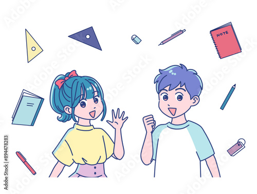 元気にガッツポーズする小学生女子と男子