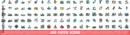 100 catch icons set. Color line set of catch vector icons thin line color flat on white