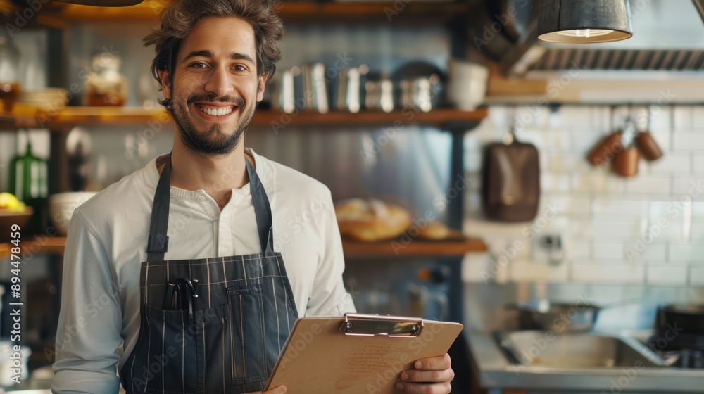 Smiling Restaurant Owner Holding Clipboard Smiling Restaurant Owner Holding Clipboard