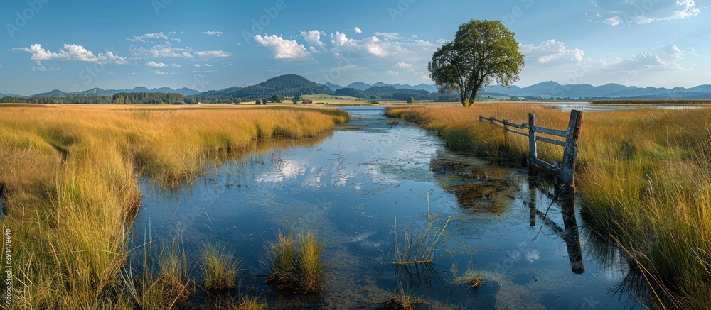 Obraz premium Serene Landscape with a Winding Waterway and a Solitary Tree