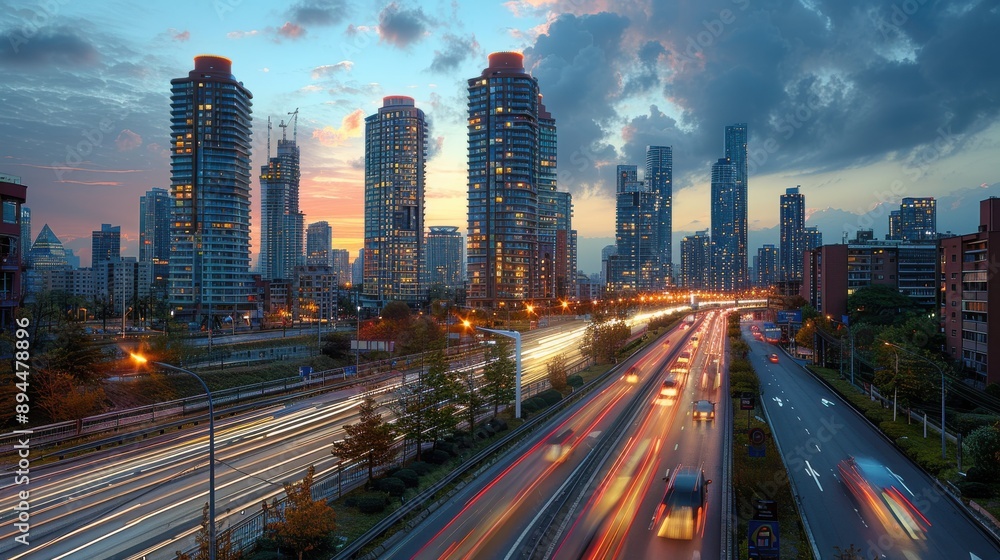 Obraz premium A city skyline at dusk with illuminated buildings and traffic trails, a mix of modern and historic architecture