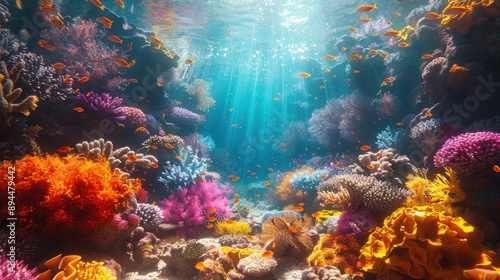 Fototapeta Naklejka Na Ścianę i Meble -  An underwater scene with colorful coral reefs and diverse marine life, sunlight filtering through the water