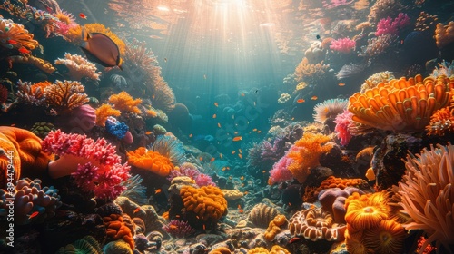 An underwater scene with colorful coral reefs and diverse marine life, sunlight filtering through the water photo