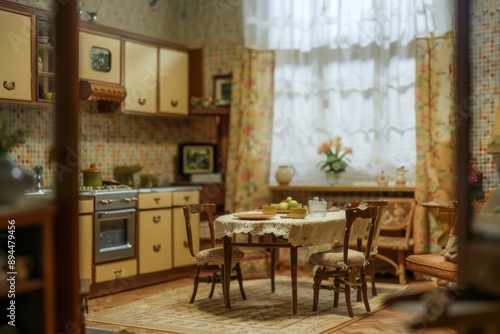 Interior of a living room with a table and chairs in vintage style