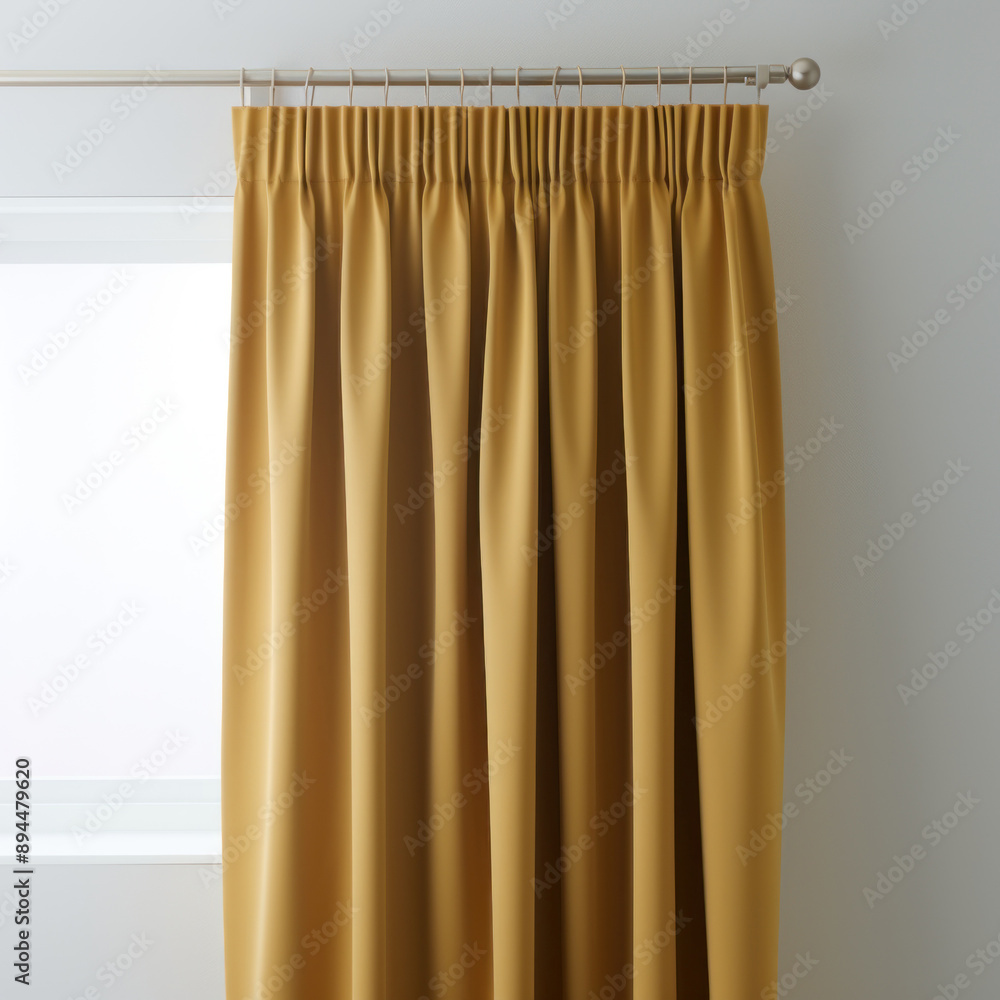 Fototapeta premium Heavy fabric curtains in modern bedroom, white walls and wooden furniture, miminal interior design