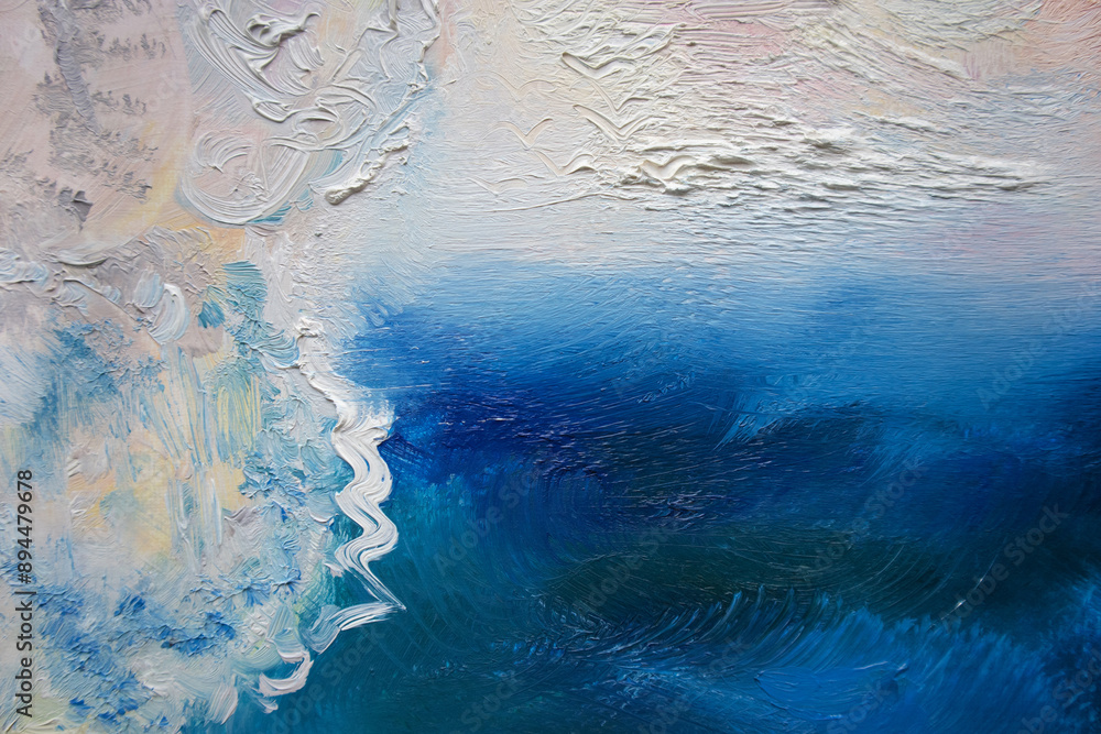 Abstract seascape with skyline background. Hand painted turquoise blue waves on brush strokes texture. Blue shades of sea wave. Light cloud cover haze sky and deep shadow of sea. Abstract seascape with skyline background. Hand painted turquoise blue waves on brush strokes texture. Blue shades of sea wave. Light cloud cover haze sky and deep shadow of sea.