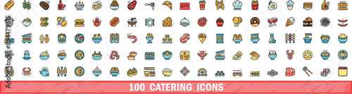 100 catering icons set. Color line set of catering vector icons thin line color flat on white