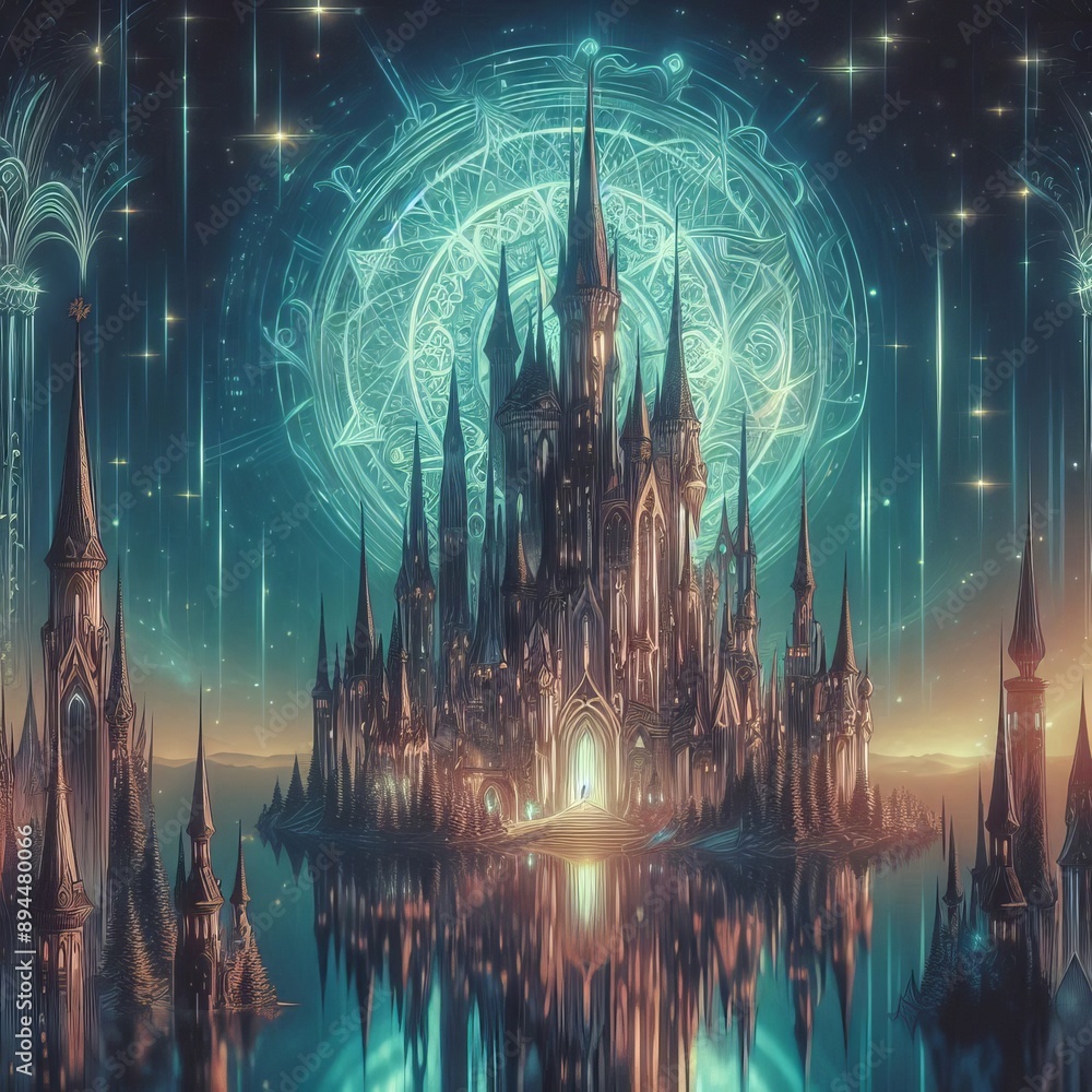 122 31. A holographic illustration of a mystical castle, with tu 122 31. A holographic illustration of a mystical castle, with tu