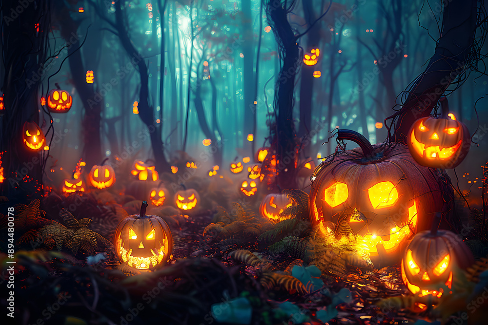 glowing pumpkin heads in dark halloween magic forest, neural network generated art. Digitally generated image. Not based on any actual scene or pattern. glowing pumpkin heads in dark halloween magic forest, neural network generated art. Digitally generated image. Not based on any actual scene or pattern.