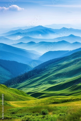 serene mountain landscape panoramic view, layers of green hills and blue peaks, misty