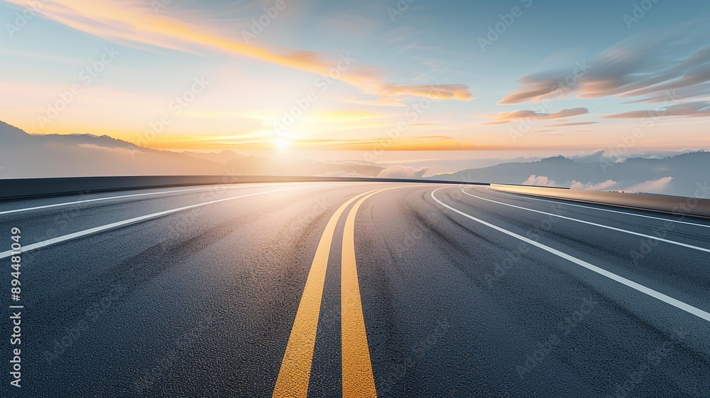 Naklejka premium A winding asphalt road leads into a scenic mountain landscape with a vibrant sunrise in the distance. Photo depicts a sense of open road and possibility.