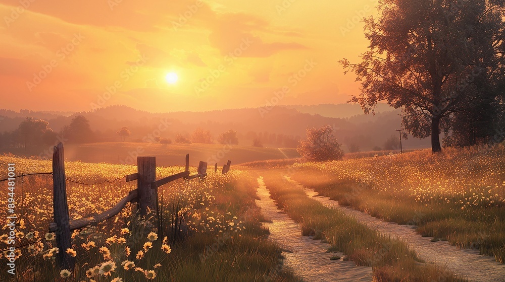 A winding dirt road leads through a field of wildflowers towards a distant sunset. A lone tree stands sentinel at the edge of the field. A winding dirt road leads through a field of wildflowers towards a distant sunset. A lone tree stands sentinel at the edge of the field.