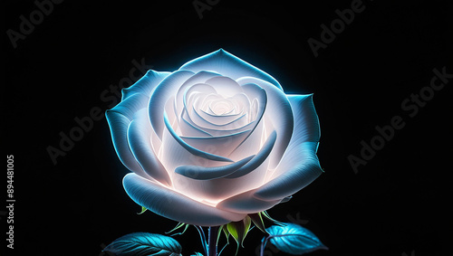 Firefly a luminous white rose glowing in the dark with black background