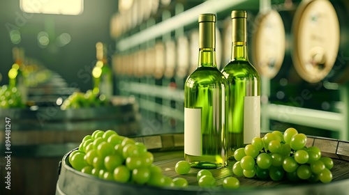 Two bottles of white wine rest on a barrel of grapes in a winery.