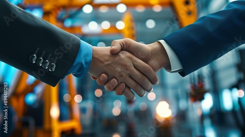 Two businessmen shaking hands in a factory setting, symbolizing partnership, collaboration, and industrial success. photo