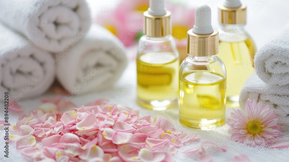 Spa setting with aromatic oils, towels, and flower petals Spa setting with aromatic oils, towels, and flower petals