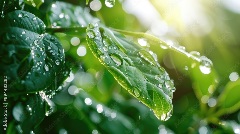 Spring rain shower with raindrops on green leaves Spring rain shower with raindrops on green leaves