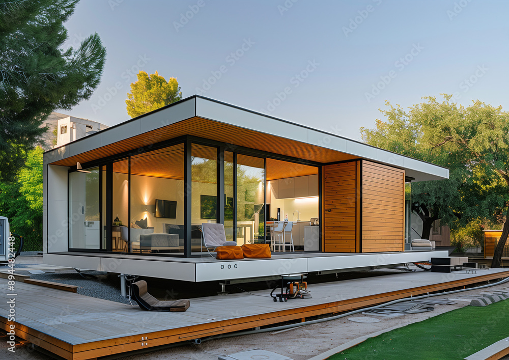 Fototapeta premium a modern modular home constructed from shipping containers, mobile, house, captivating, Shipping Container Tiny Home, steel containers, supreme quality, superior lighting