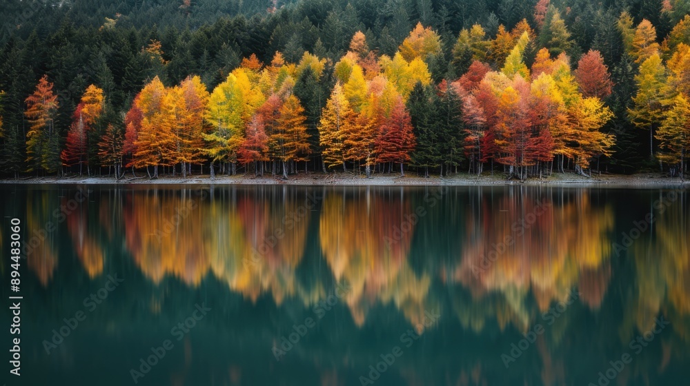 Obraz premium A breathtaking view of vibrant autumn trees perfectly reflecting on a calm lake surface, capturing the essence of seasonal transition and natural beauty in a mirrored display.