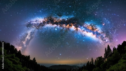 Majestic view of the Milky Way arching over a dense forest, the stars illuminating the treetops