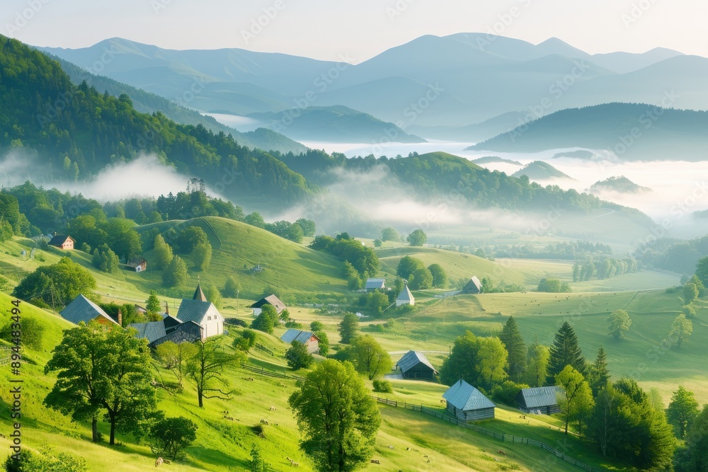 serene mountain landscape panoramic view, layers of green hills and blue peaks, misty serene mountain landscape panoramic view, layers of green hills and blue peaks, misty