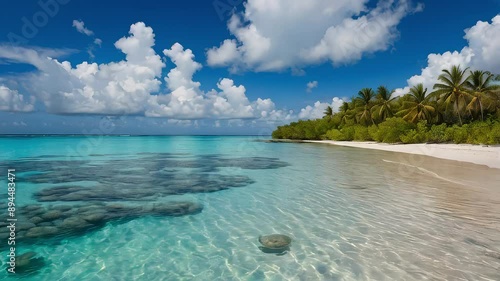 Coral Reef Beach Animation. Colorful Coral Reefs, Clear Blue Water, and White Sand Under a Blue Sky. Dynamic. Explore the Beauty of Beaches with Coral Reefs in This Dynamic Video. photo