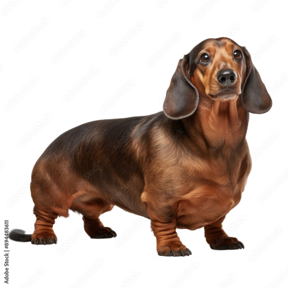 Adorable and curious Dachshund dog with brown fur looking away and isolated on transparent background, png file. Adorable and curious Dachshund dog with brown fur looking away and isolated on transparent background, png file.