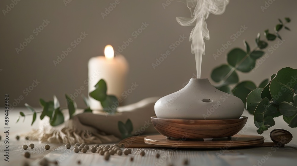 Bougie allumée et diffuseur en céramique avec eucalyptus et pois Bougie allumée et diffuseur en céramique avec eucalyptus et pois
