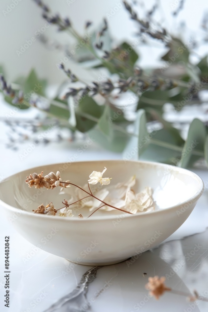 Bol en céramique avec fleurs séchées et eucalyptus en arrière-plan