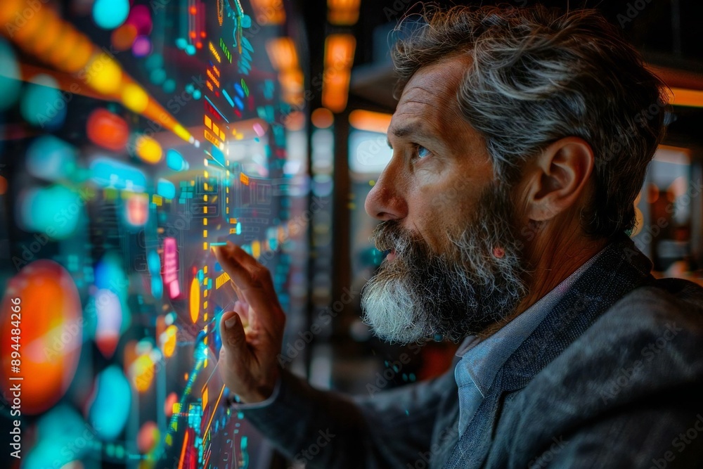 Obraz premium Beautiful male businessman with a well-groomed beard using AI-driven holographic screens to organize his schedule on a futuristic kanban board.