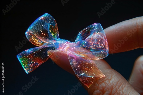 Close-up of a beautiful person's finger tied with a holographic ribbon bow, reminding them of an important notification using AI technology. photo