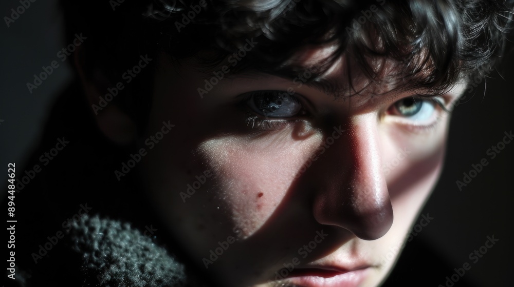 Intense gaze of a young person with dark hair Intense gaze of a young person with dark hair