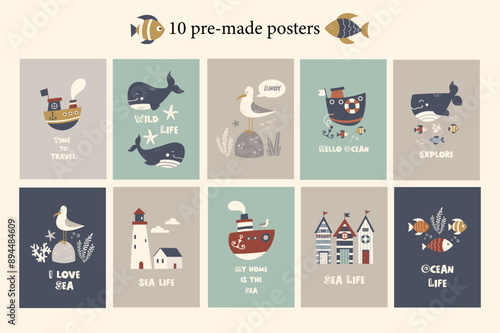 Nautical vector clipart. Set of Baby cards. Children's collection includes cute boats, lighthouse, whale, fish, seagull, beach houses, inscriptions. Collection in Scandinavian style.