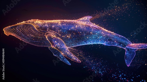 A whale composed of shimmering particles its body a constellation of light moves through a dark sky