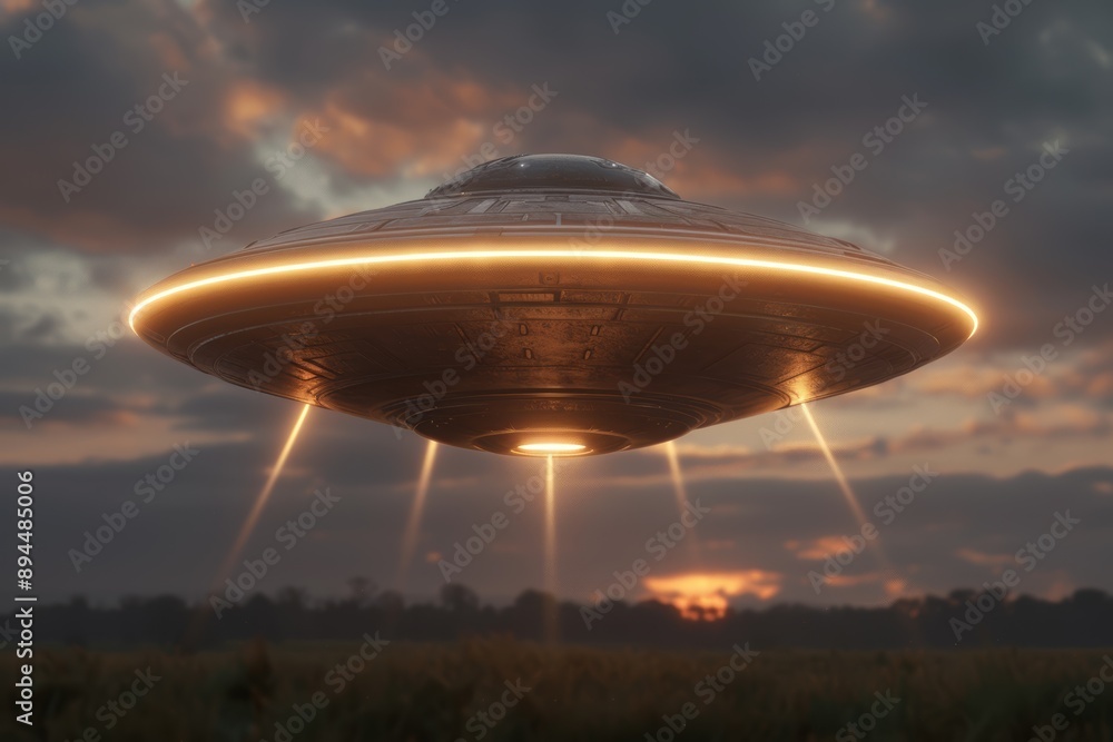 Futuristic ufo spacecraft hovering over a rural landscape at sunset Futuristic ufo spacecraft hovering over a rural landscape at sunset