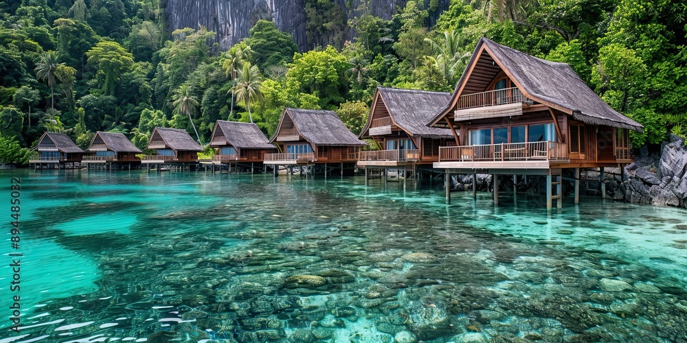 luxury bungalows in the clear sea water on a tropical beach luxury bungalows in the clear sea water on a tropical beach