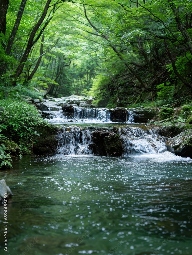 Serene forest waterfall in lush green landscape Serene forest waterfall in lush green landscape