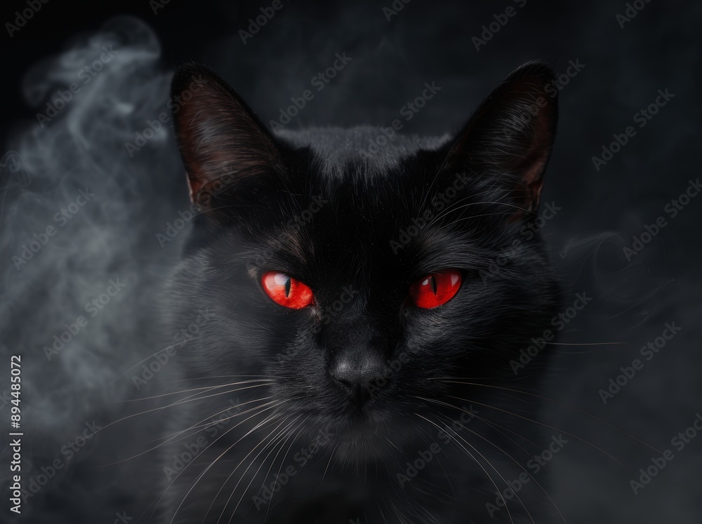 Intense glowing red eyes of a mysterious black cat Intense glowing red eyes of a mysterious black cat