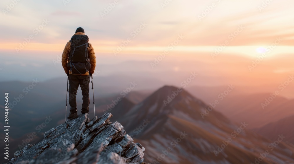 A solitary hiker with trekking poles stands on a rocky mountaintop, basking in the mesmerizing sunrise, symbolizing a profound sense of achievement and peace. A solitary hiker with trekking poles stands on a rocky mountaintop, basking in the mesmerizing sunrise, symbolizing a profound sense of achievement and peace.