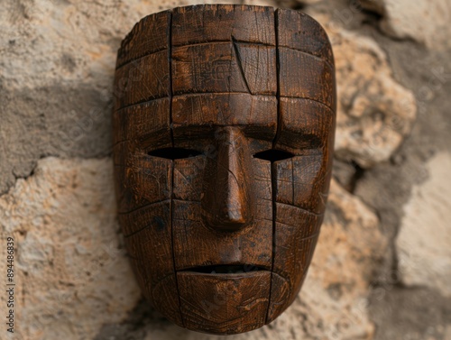 Carved wooden mask with intricate design