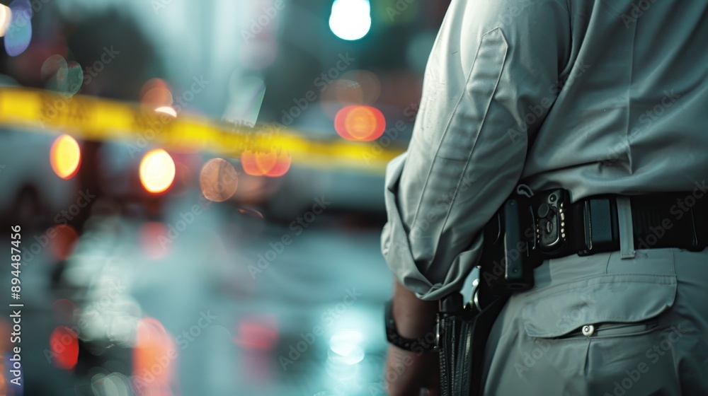 A law enforcement officer stands by a crime scene tape across a city street, enhancing safety and investigation, with the blurred hustle of city life in the background. A law enforcement officer stands by a crime scene tape across a city street, enhancing safety and investigation, with the blurred hustle of city life in the background.