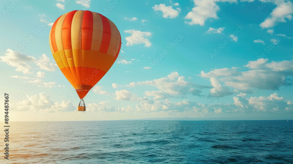 Colorful hot air balloons flying over the sea Colorful hot air balloons flying over the sea