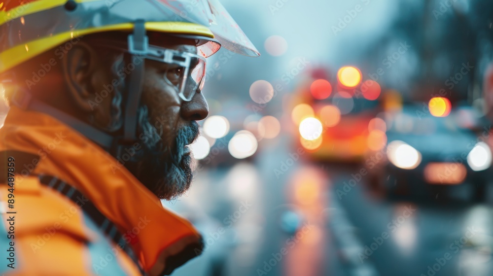 Obraz premium A traffic security professional is positioned on a busy street during dusk, ensuring safety and order amidst blurred vehicles and bright emergency lights.