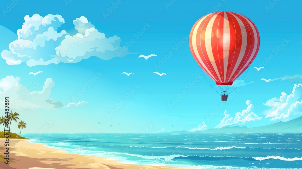 Colorful hot air balloons flying over the sea Colorful hot air balloons flying over the sea