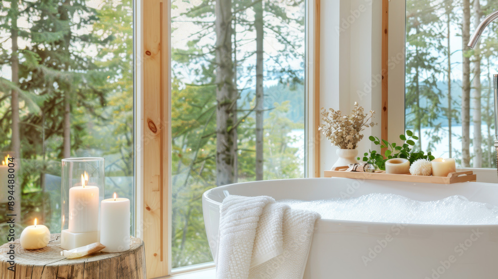 Relaxing bathroom scene with a white freestanding bathtub, candles, and greenery, featuring a tranquil forest view through large windows Relaxing bathroom scene with a white freestanding bathtub, candles, and greenery, featuring a tranquil forest view through large windows